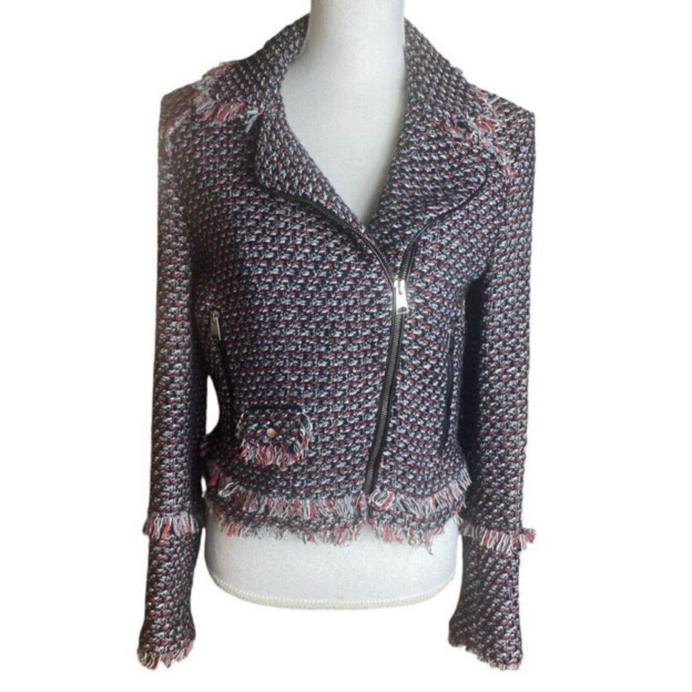 Trf Outerwear Women’s Red Black Tweed Moto Assymetrical Jacket Medium